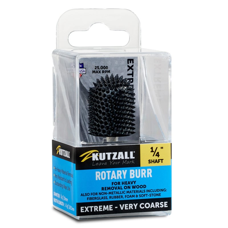 Kutzall Extreme Ball Nose Rotary Burr 1â„4" Shaft, Very Coarse - Wood Carving Bit for Bosch, DeWalt, Milwaukee. Abrasive Tungsten Carbide 3â„4"(19mm) Dia. X 1-1â„8"(28.5mm) Length, BNX-34C - Image 1
